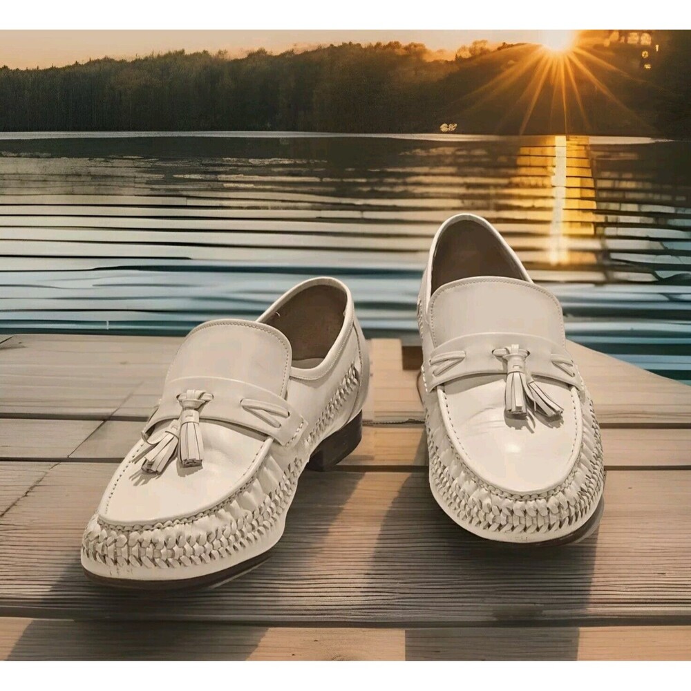 Men's TRAVELERS White Leather Tassel Detailed Woven Sides Loafers 11 D EUC